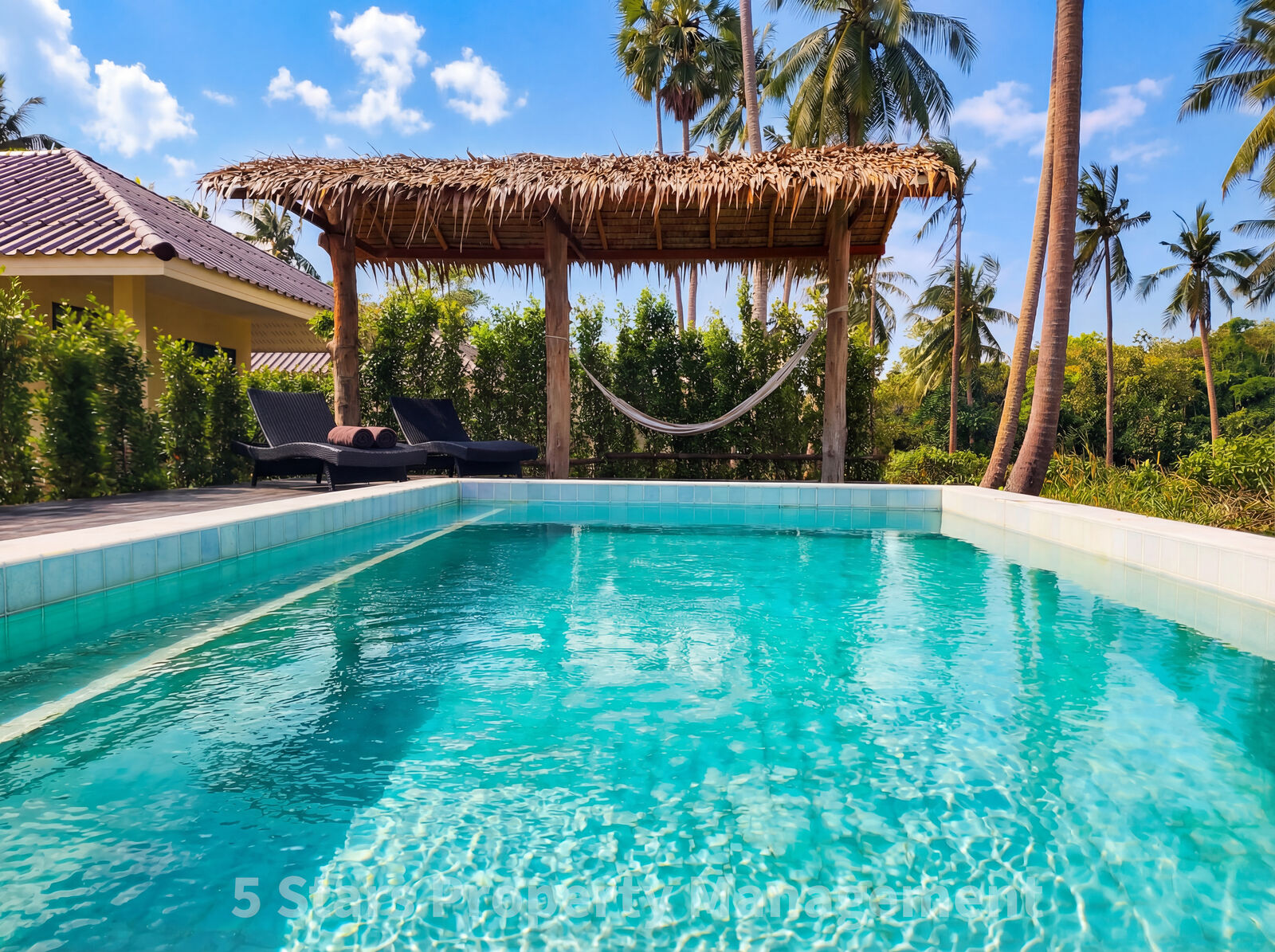 Pool terrace with dining table at a villa managed by 5 Stars